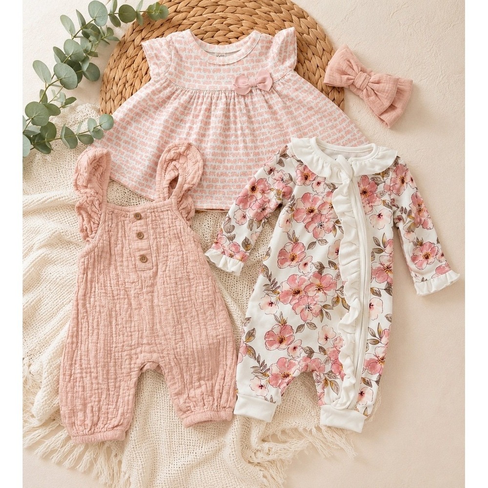 Baby Girls 3-Piece Outfit Bundle 0-3M Pink Floral Romper‎ Dress Muslin Jumpsuit